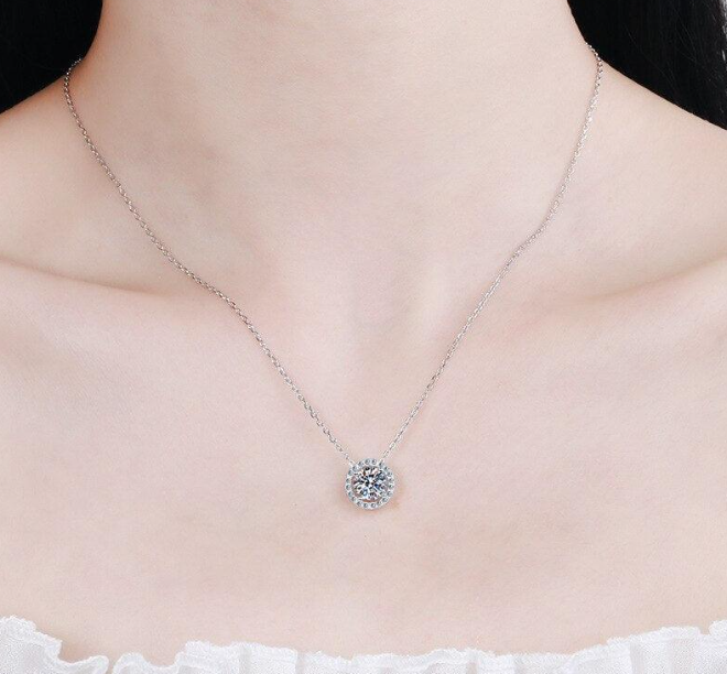 Moissanite Halo Solitaire Necklace - 1 ct
